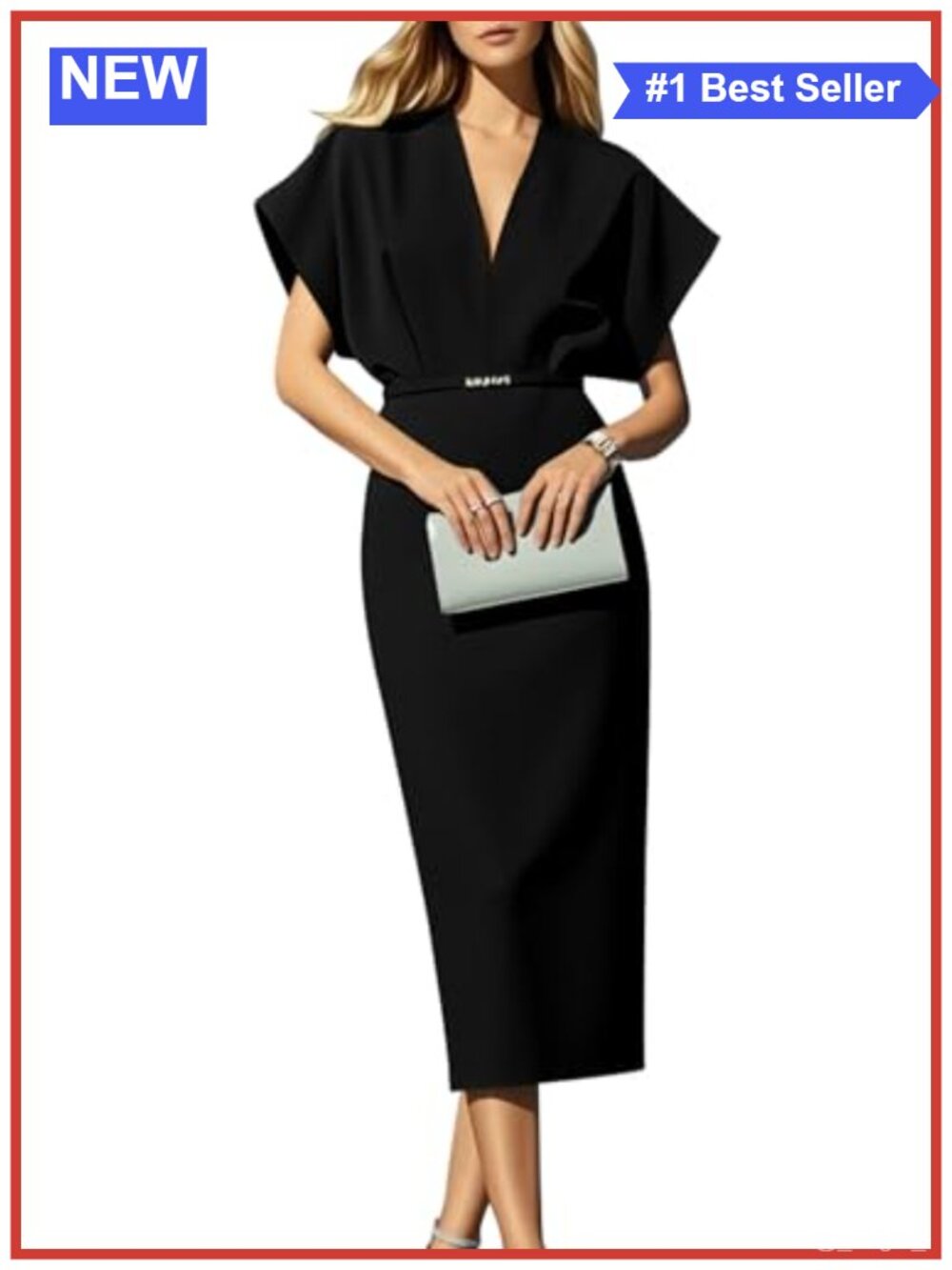 Memoriesea Women's V-Neck Short Sleeve Midi Work Dress with Belt